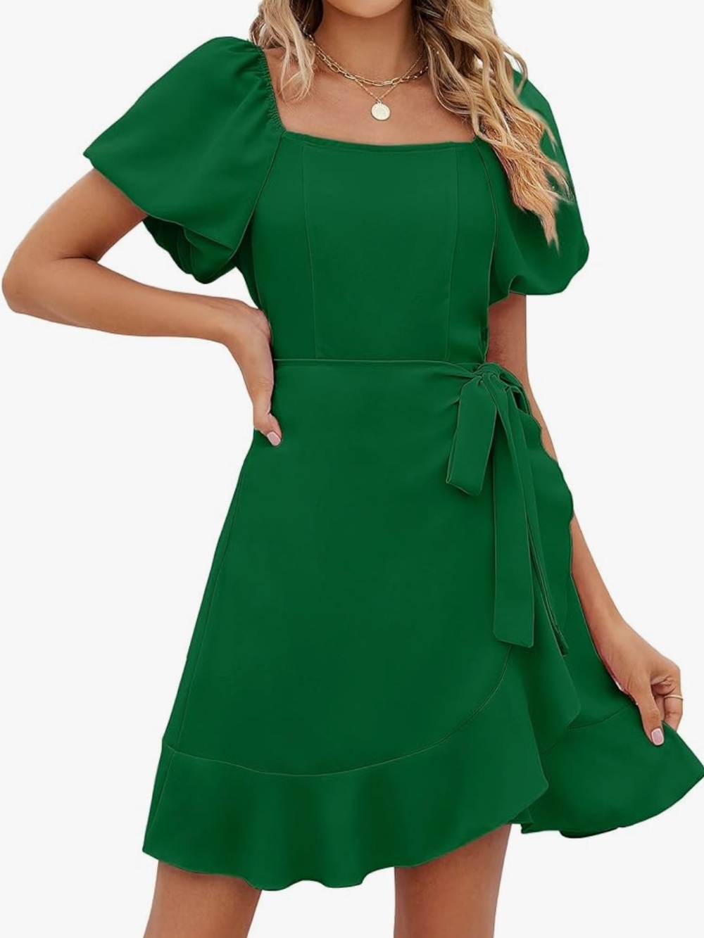 Elegant Green Puff-Sleeve Wrap Dress